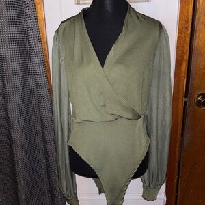 SHEIN Olive Green Wrap-Front Long Sleeve Bodysuit